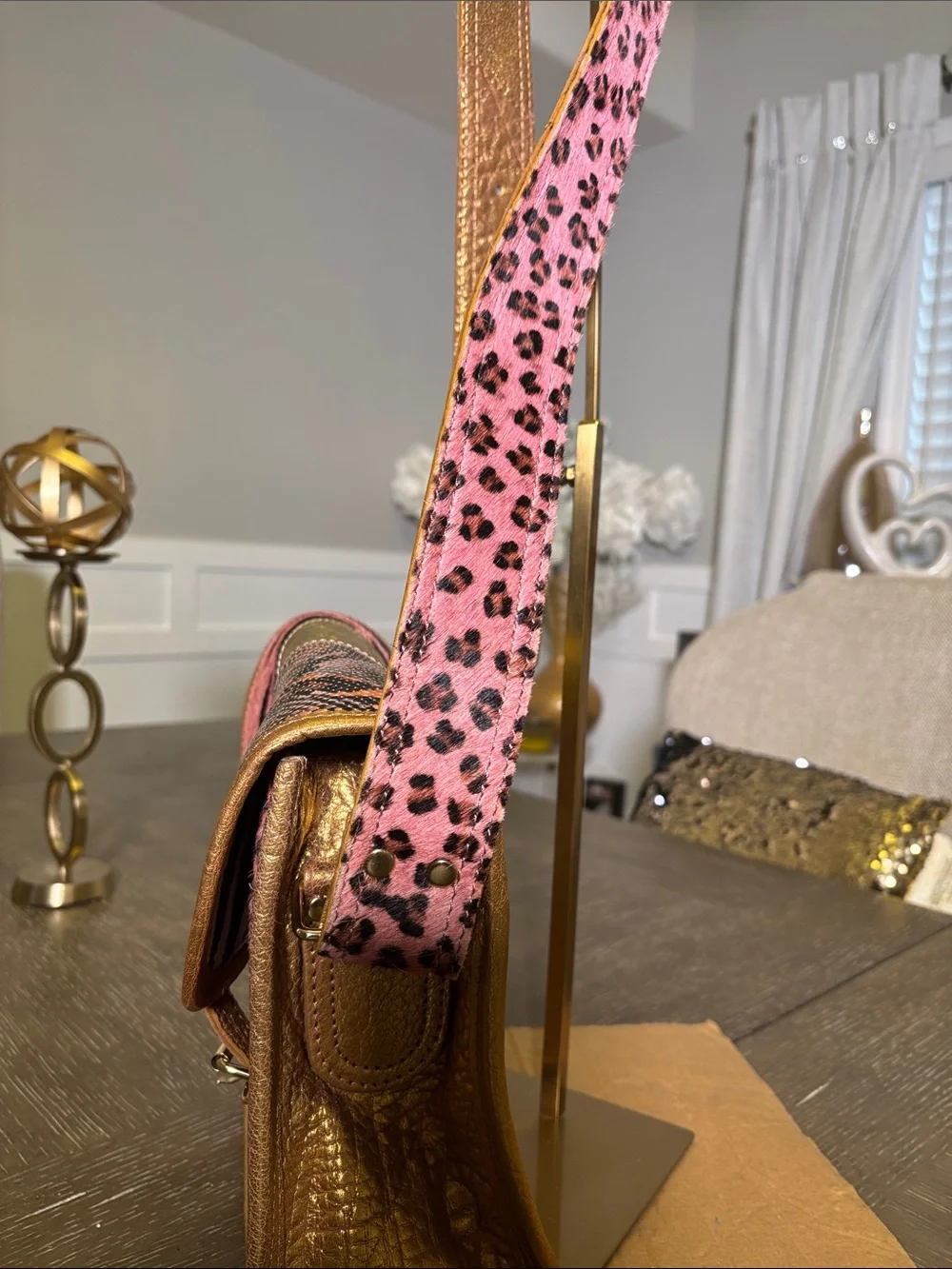 Paul Marius LaSacoche Leathe Gold-Trim Pink Patchwork Animal Print Crossbody Bag